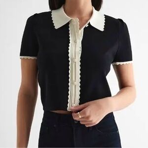 🖤Express scalloped trim collared crop top